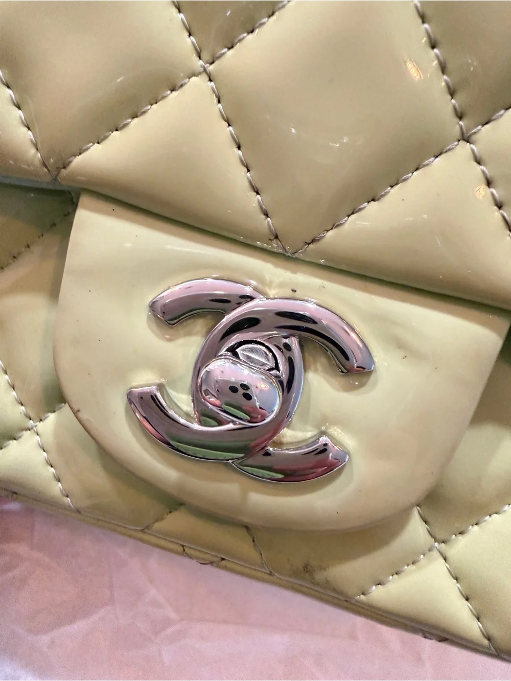 CHANEL Quilted Patent Leather Mini Flap Bag in Lime